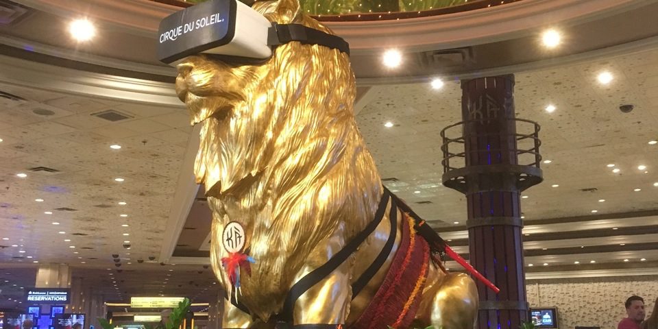 Lion statue with VR goggles on